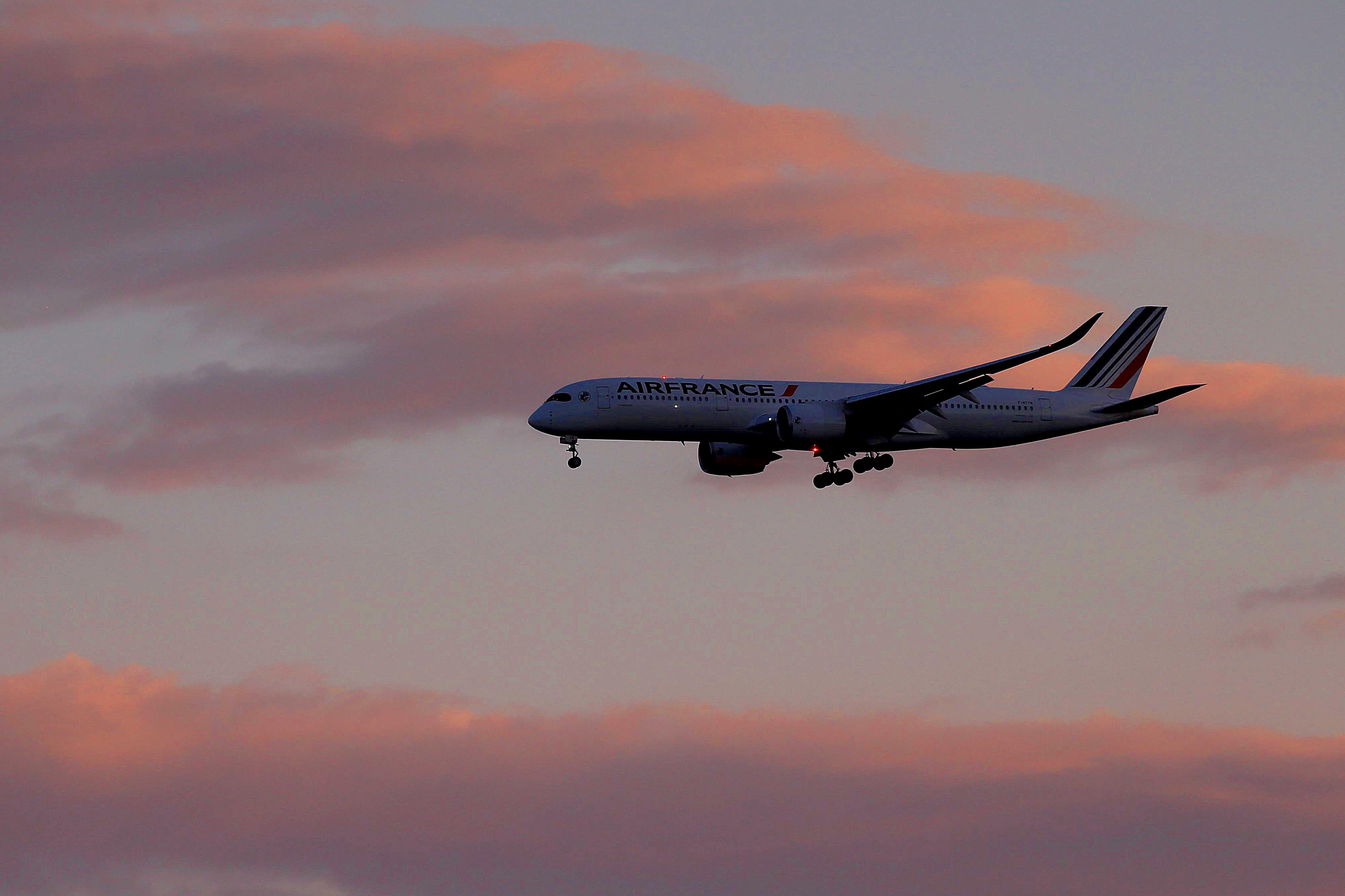 Avión de la aerolínea Air France en pleno vuelo, con un cielo de colores cálidos al atardecer como fondo.