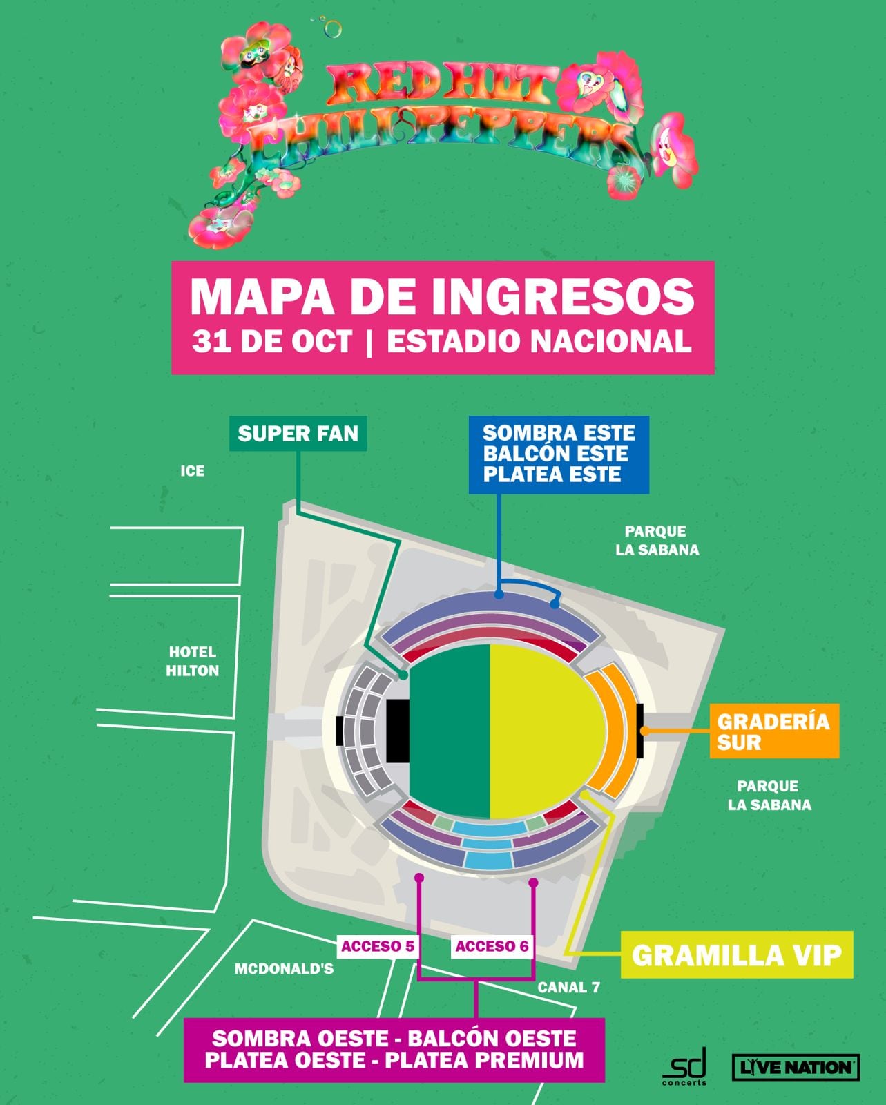 Este es el mapa de ingresos para el público que asistirá al concierto de Red Hot Chili Peppers en Costa Rica.