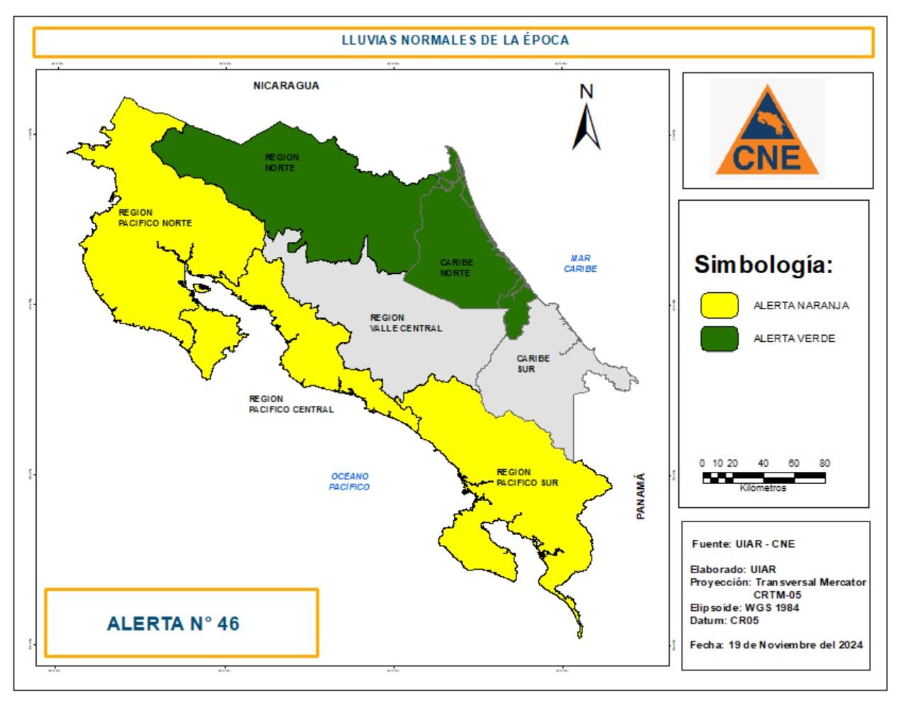 El Valle Central y el Caribe sur quedaron sin alertas, mientras que en el Pacífico bajó de naranja amarilla y en la zona norte y el Caribe norte rige la alerta mínima. Imagen: CNE.
