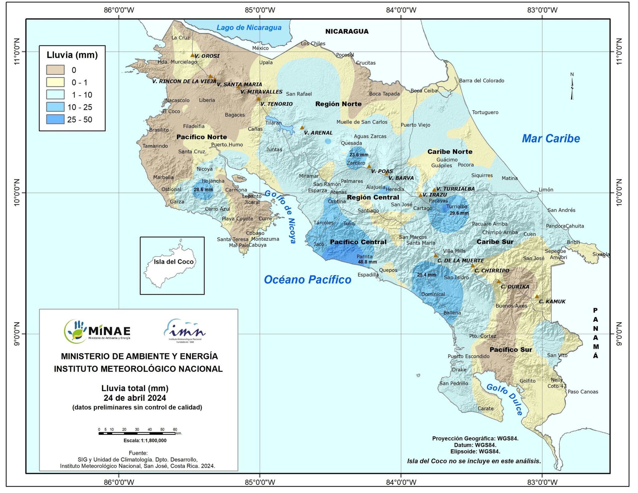 En celeste tenue se ven las regiones que tuvieron lluvias débiles la tarde del miércoles y los puntos azules fueron los de más lluvias. Imagen: IMN