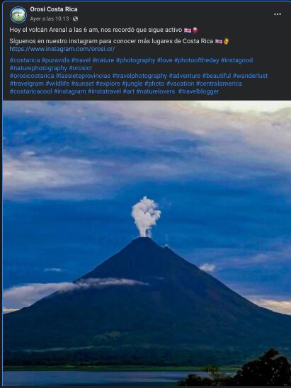 En redes sociales como la del grupo de guías turísticos Orosi, las imágenes del Arenal generan admiración. Foto: Facebook.