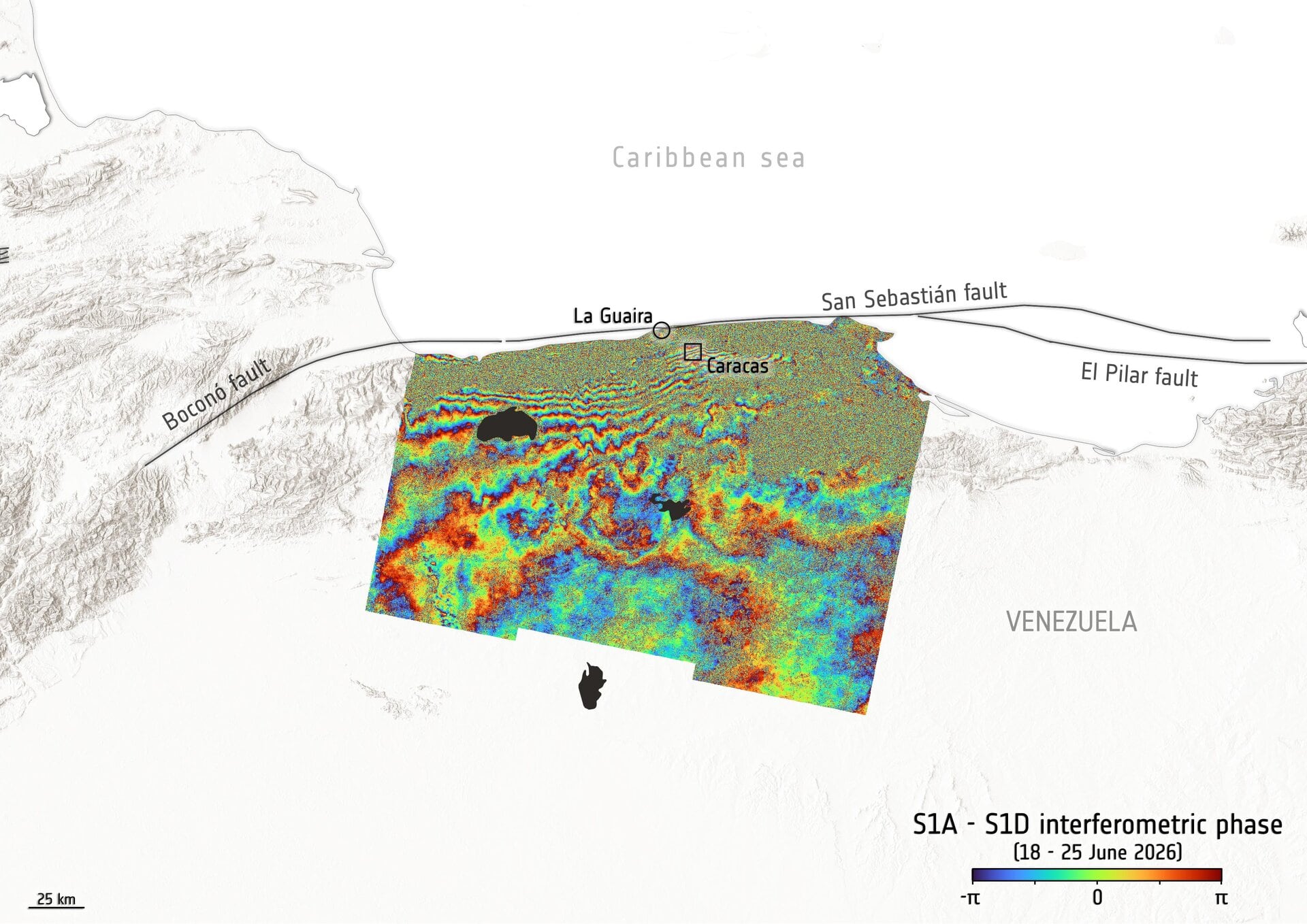 Datos satelitales del sistema Copernicus muestran un desplazamiento del terreno de hasta 30 cm en el norte de Venezuela, una violenta deformación provocada por los terremotos.