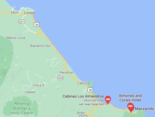 El oleaje en el Caribe sur de nuestro país cobró tres vidas este fin de semana. El IMN advierte sobre el arribo de la septima onda tropical este lunes. Imagen: Google maps.