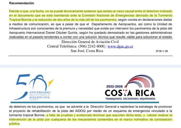 La imagen muestra un extracto del oficio DGAC-DA-IA-OF-451-2023, firmado en agosto del 2023 por siete funcionarios de la Dirección General de Aviación Civil, en el que advierten que no se podía asociar los daños en la pista de aterrizaje con Bonnie.