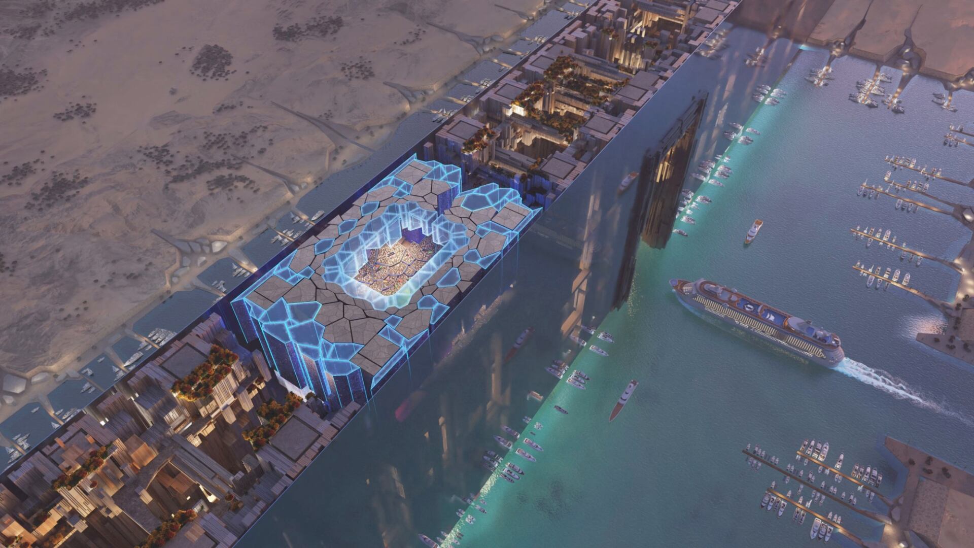 Arabia Saudita planea un estadio a 350 metros de altura en The Line para el Mundial 2034, con capacidad para 46.000 personas.