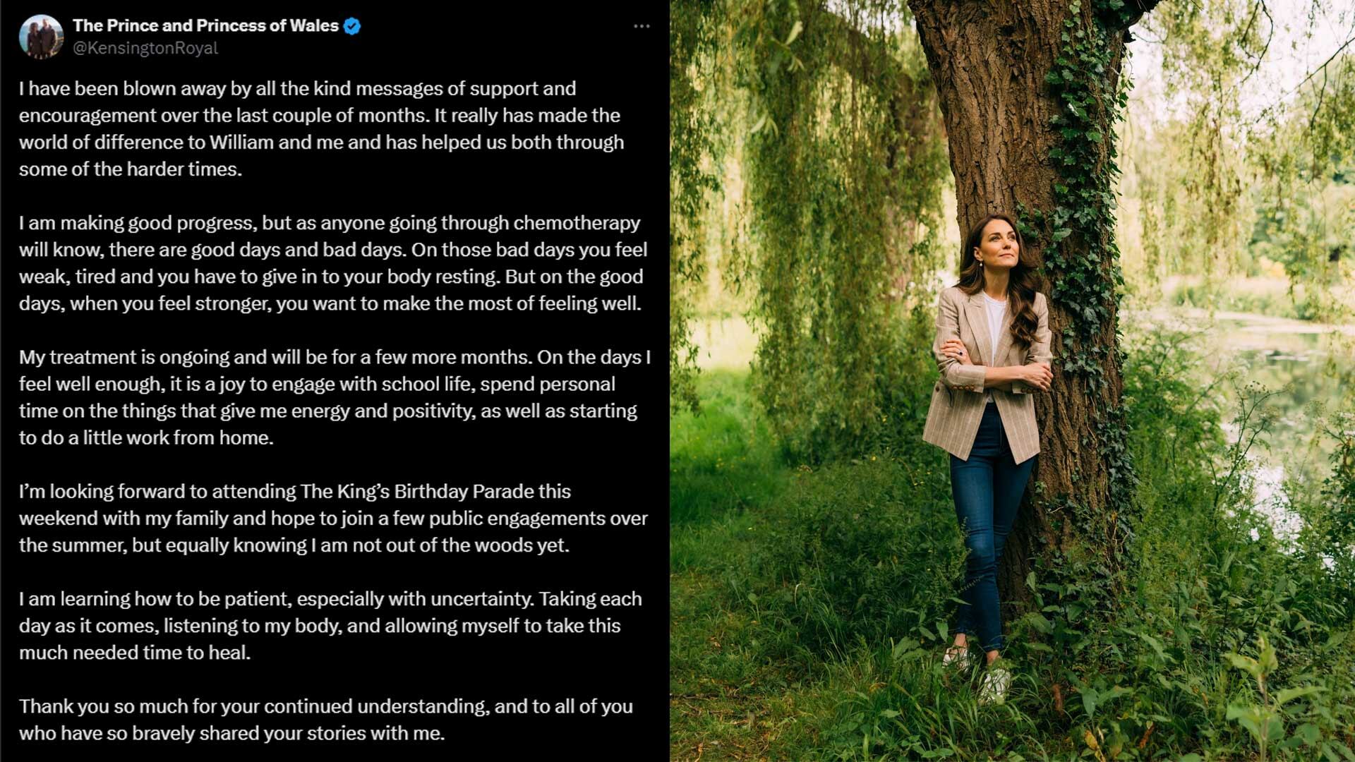 Kate Middleton informó sobre el progreso en su tratamiento contra el cáncer y su intención de asistir al desfile "Trooping the Colour".