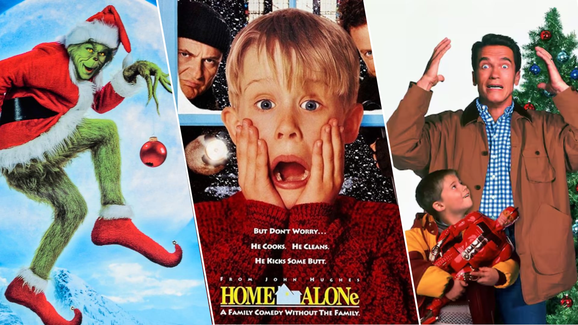Imagen compuesta por tres escenas icónicas de películas navideñas: el Grinch con traje de Santa Claus, Kevin McCallister de "Mi pobre angelito" sorprendido, y Arnold Schwarzenegger en "El regalo prometido" con un juguete junto a un árbol de Navidad.