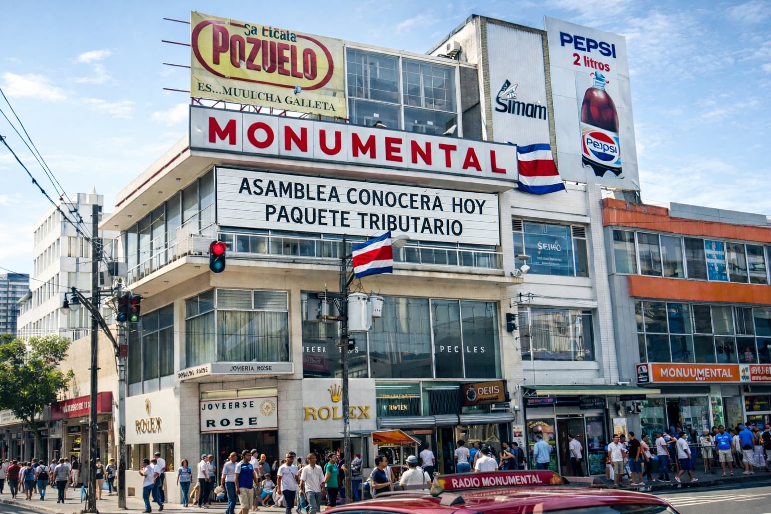 Fotografía de la famosa esquina de Monumental, en la avenida central, generada por IA a partir de una foto antigua