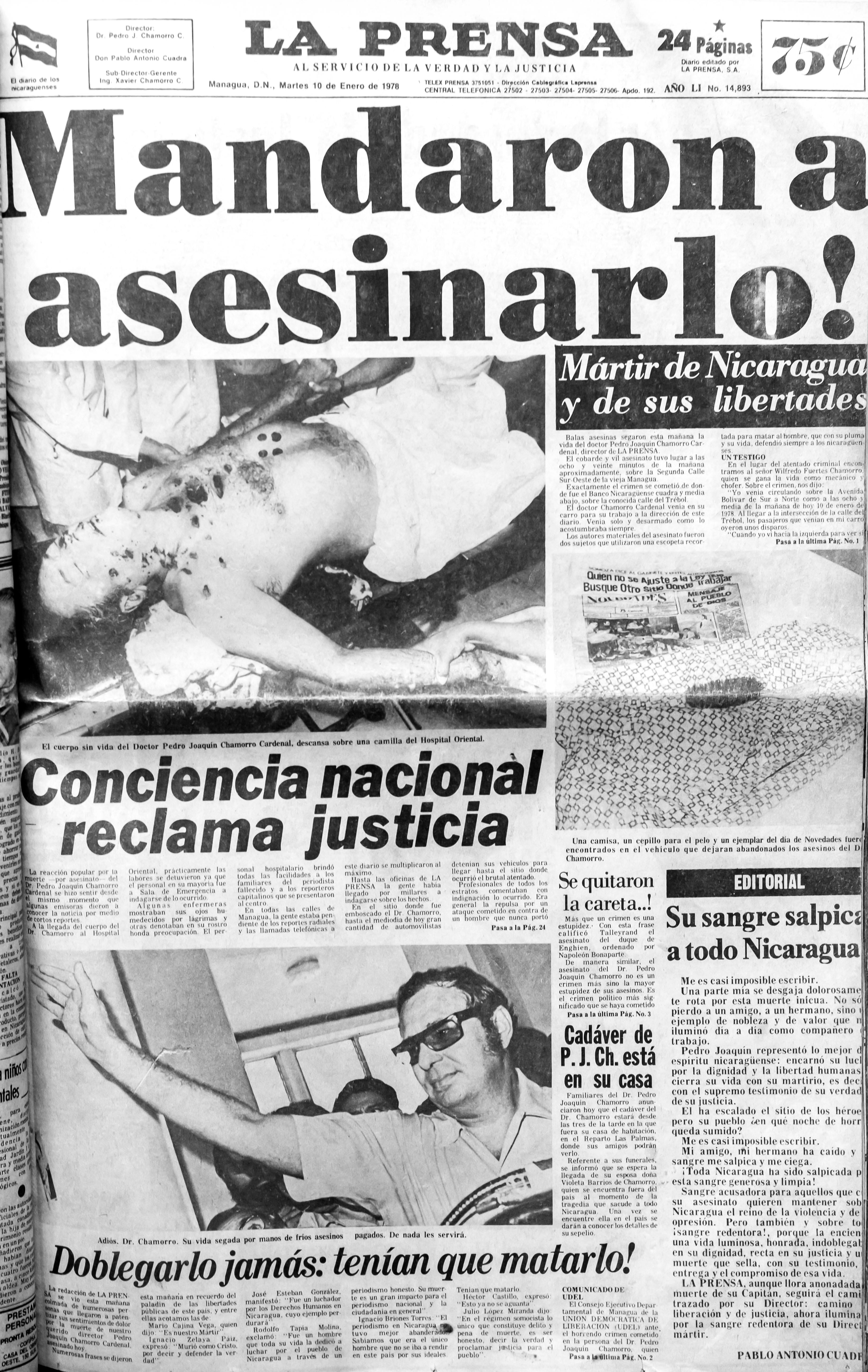 Portada del diario La Prensa del 10 de enero de 1978, tras el asesinato de su director, Pedro Joaquín Chamorro