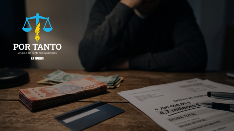 Persona sentada en una mesa con dinero en efectivo (colones costarricenses), una tarjeta de crédito y un estado de cuenta con un monto de 4,7 millones, acompañado del logo "Por Tanto: Análisis de sentencias judiciales" de La Nación.