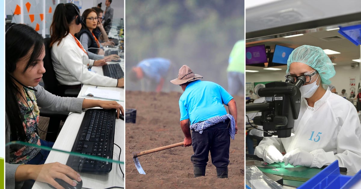 Transformación de la economía de Costa Rica: trabajadoras de servicios, agricultor en labores de campo y técnica en manufactura de alta tecnología reflejan el cambio del agro y la industria tradicional hacia una economía basada en servicios.