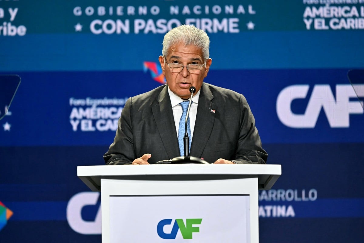 Panama's President Jose Raul Mulino speaks during the inauguration of the Latin America and the Caribbean International Economic Forum at the Panama Convention Center in Panama City on January 28, 2026. The Latin America and Caribbean International Economic Forum 2026, organized by CAF (the Development Bank of Latin America and the Caribbean) in partnership with the Government of Panama, brings together business leaders and regional figures. (Photo by MARTIN BERNETTI / AFP)