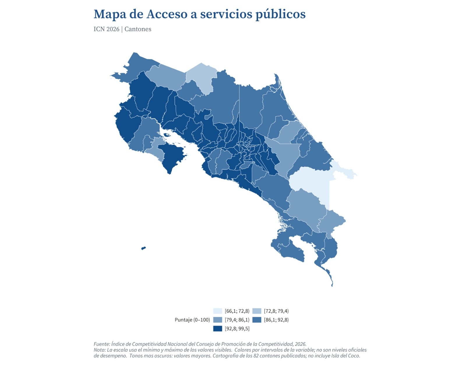 Este mapa muestra el acceso a servicios públicos de los cantones, según el Informe de Competitividad Cantonal.