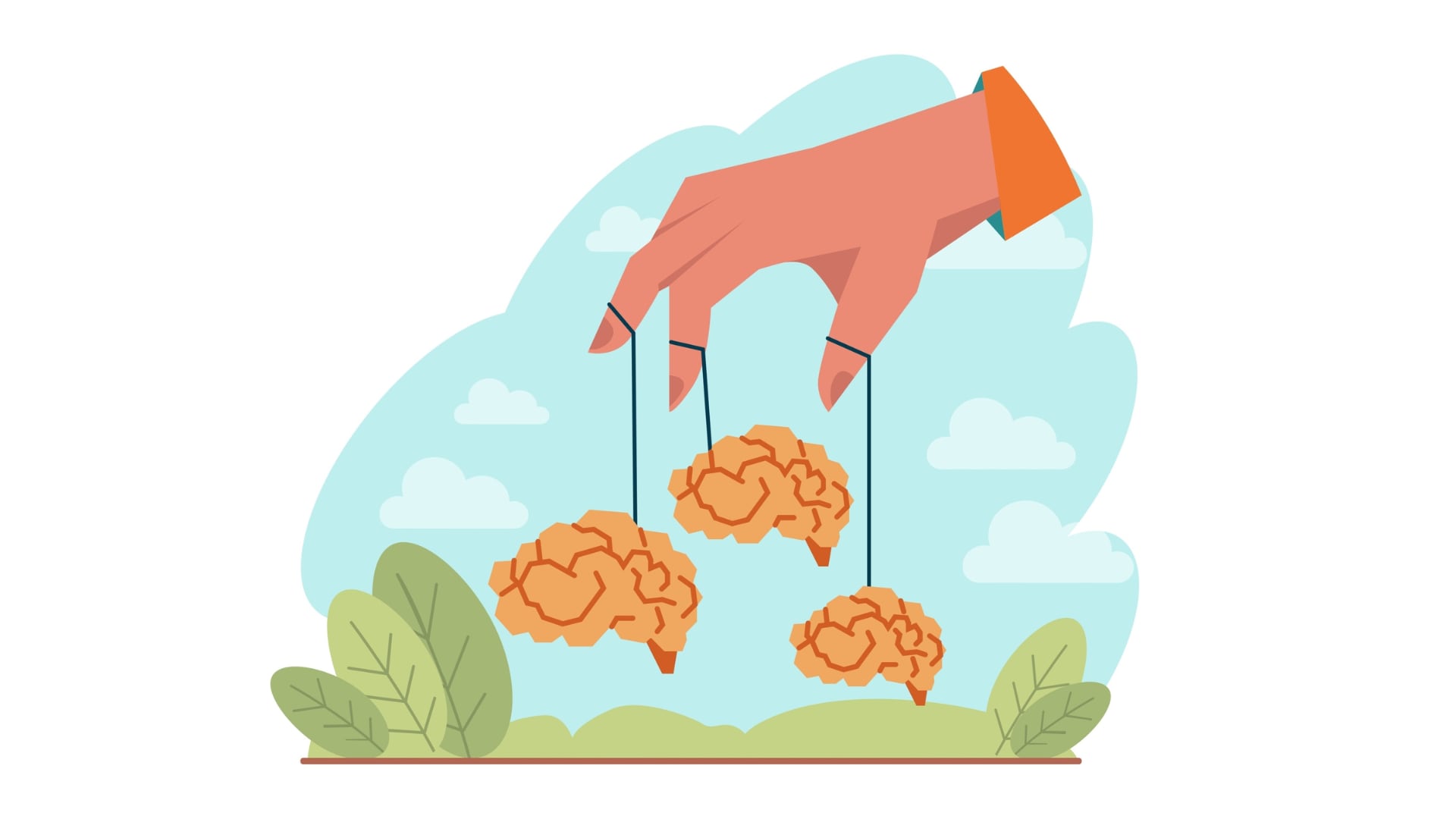 Manipulación mental, de cerebros, mano manipula con hilos tres cerebros, populismo, demagogia, posverdad