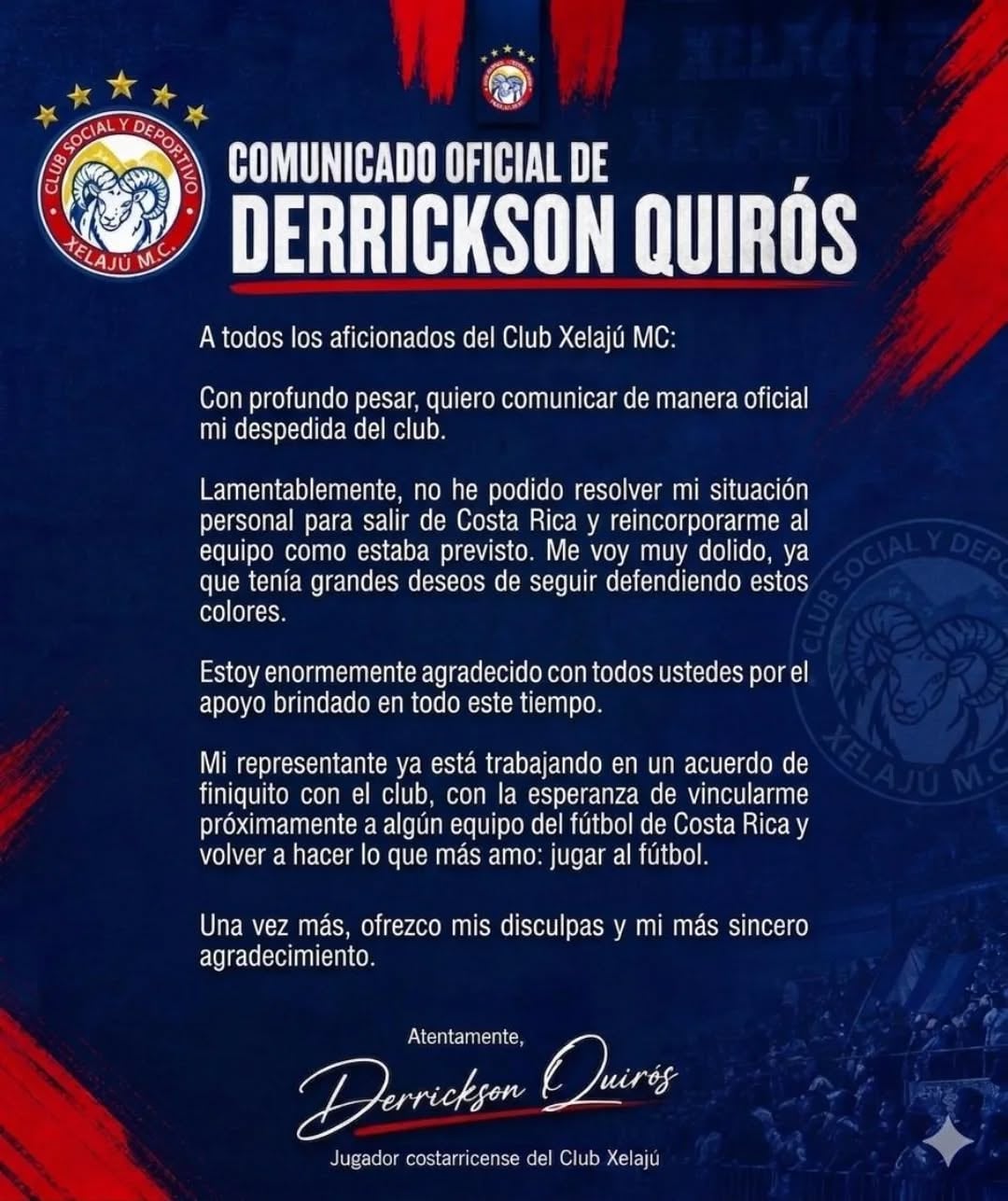 Derrickson Quirós publicó este nuevo comunicado.