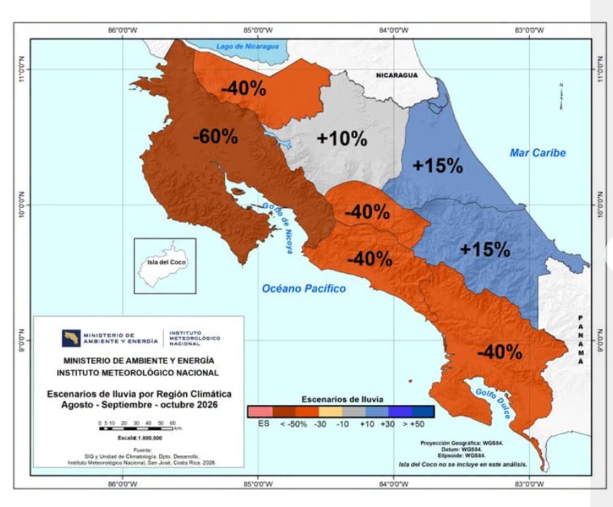 El pronóstico estacional del IMN anticipa déficit de lluvias, calor por encima del promedio y expansión de la sequía meteorológica entre agosto y octubre.