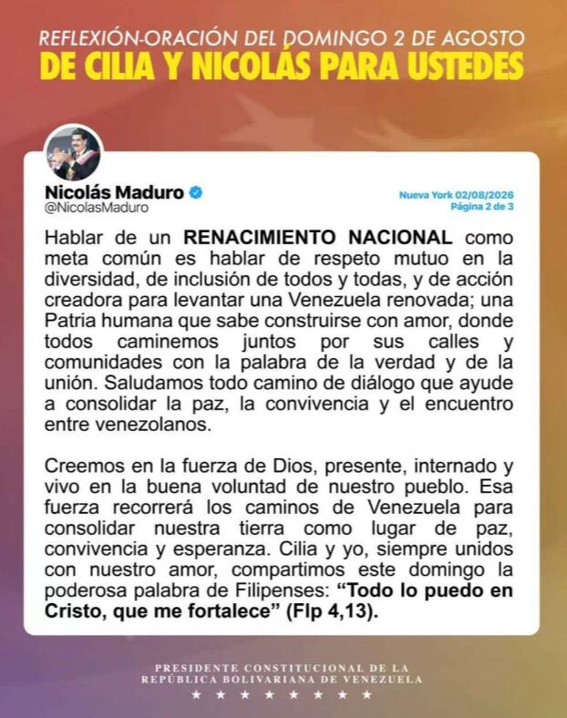 Mensaje publicado en la cuenta de Nicolás Maduro este sábado 2 de agosto.