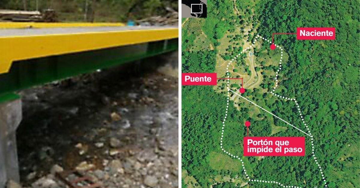 Puente que, según una denuncia anónima, fue construido sobre la quebrada Unión, con recursos municipales, dentro de la finca vinculada a Darwin González, quien fue arrestado en medio de una fuerte operación antinarco. Foto: Reproducción