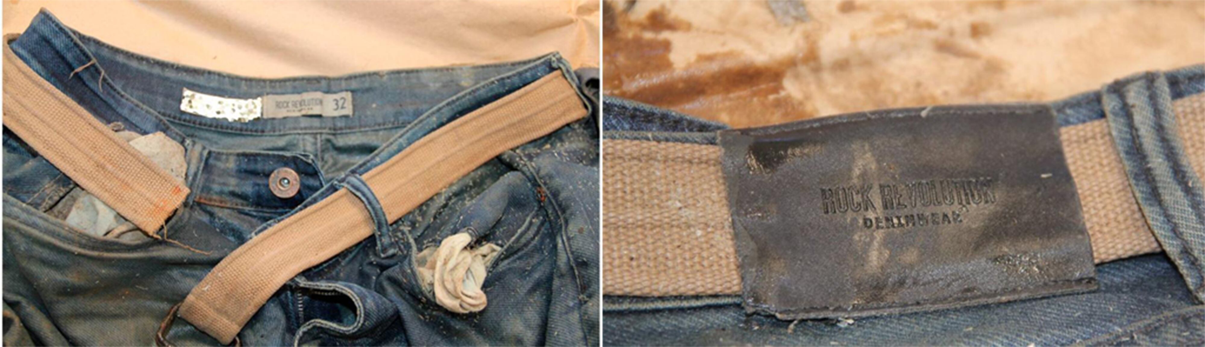 A la hora del hallazgo, el joven llevaba puesto un pantalón tipo jeans, marca Rockrevolution deniwear.