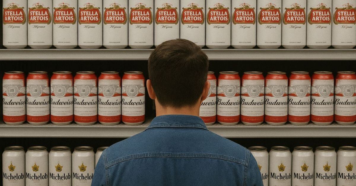 En la imagen, un consumidor observando anaqueles de supermercado. Se observan latas de Stella Artois, Corona y Budweiser