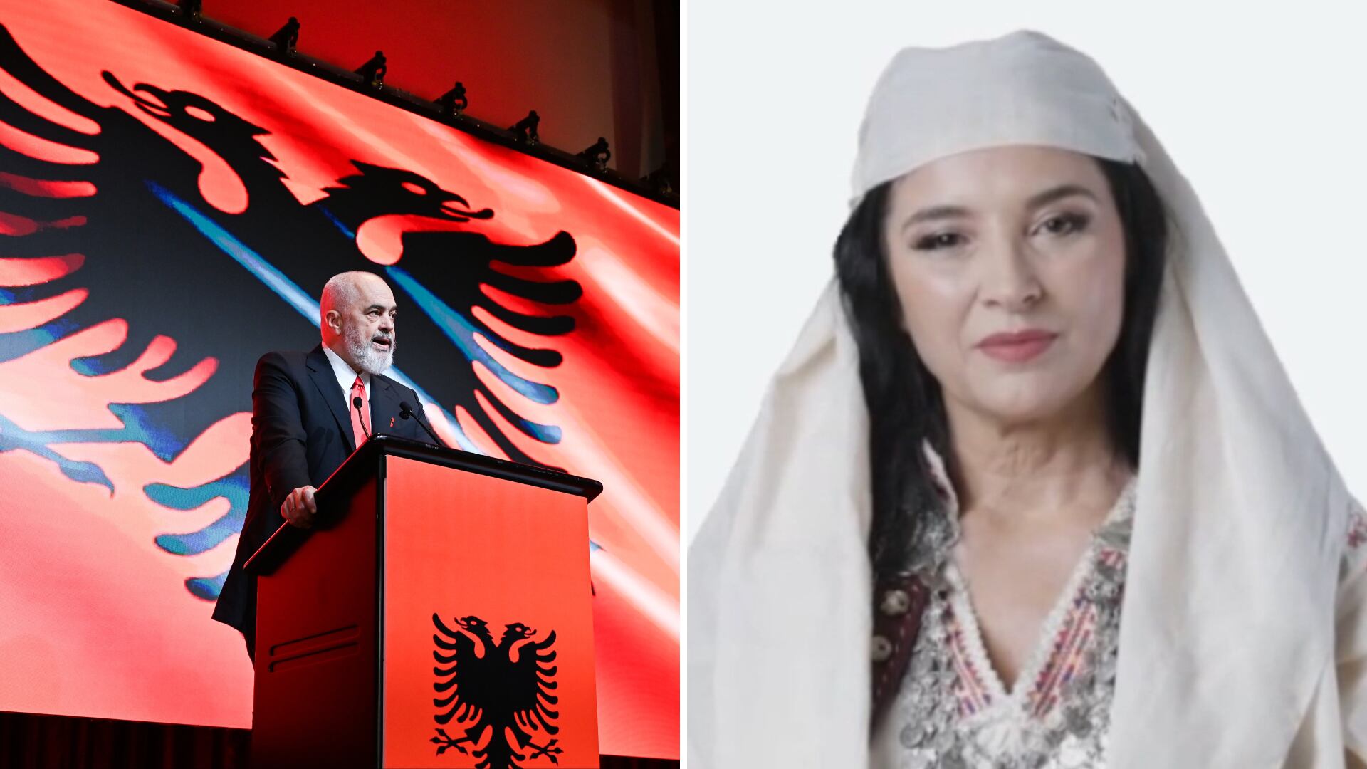 Primer ministro de Albania, Edi Rama, y Diella, ministra de Contratación Pública que es un robot alimentado con IA (2025)