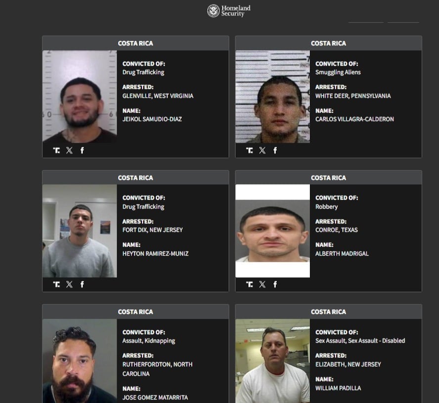 Según el Departamento de Seguridad Nacional de los Estados Unidos, 23 ticos figuran entre los peores delincuentes detidos por el Servicio de Inmigración y Control de Aduanas (ICE).