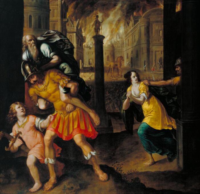 'Eneas y su familia huyen de Troya en llamas', óleo de 1654 pintado por Henry Gibbs.