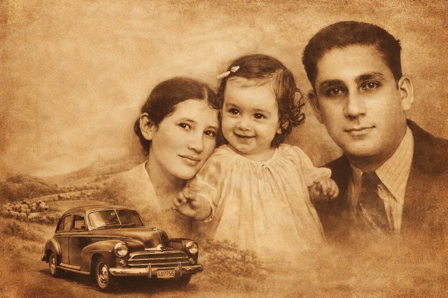 Fotocomposición de familia de Orlando Muñoz Meneses, su esposa Inés, y la hija de ambos, Elizabeth, con el carro que tuvieron