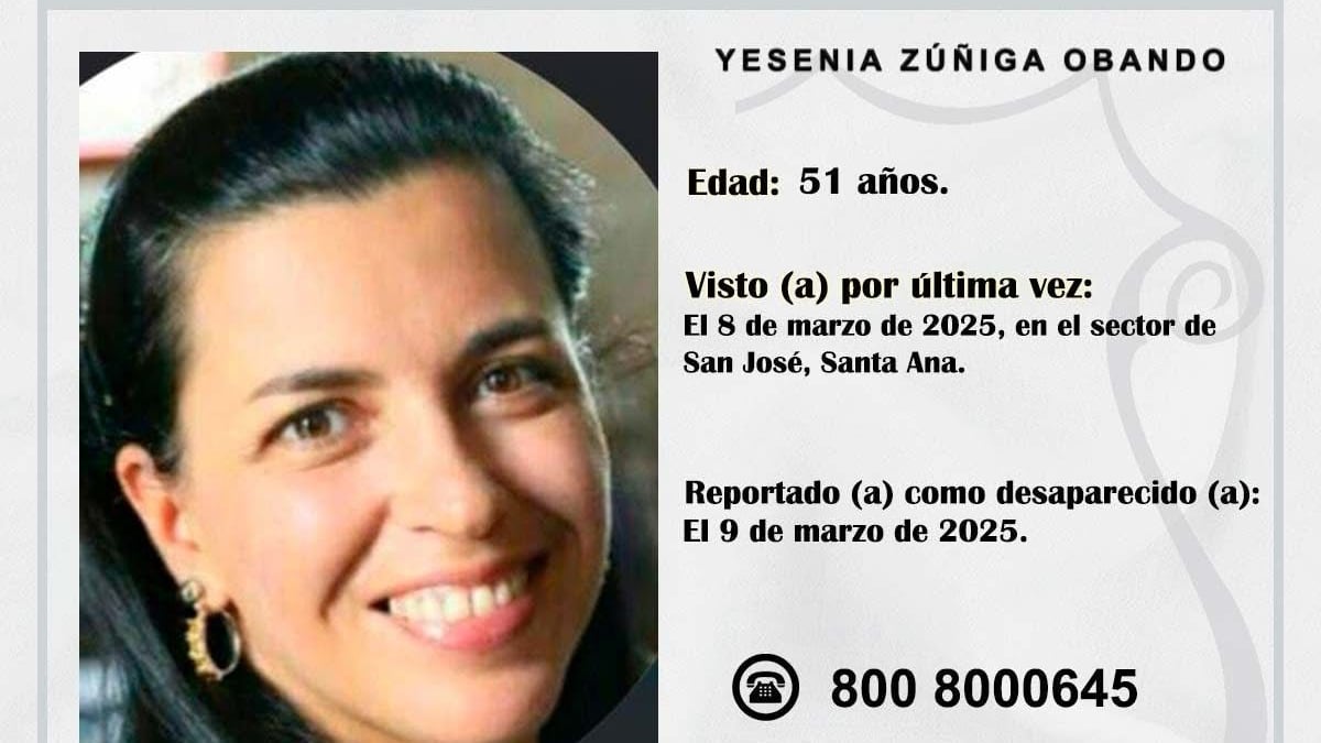 Yesenia Zúñiga Obando, de 51 años, fue vista por última vez el sábado 8 de marzo anterior, en Santa Ana, San José. Foto: OIJ