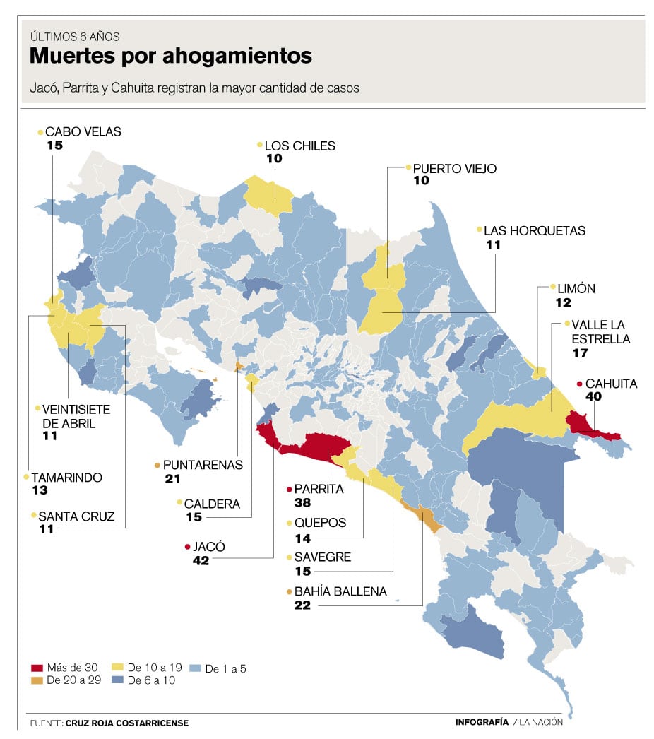 Este mapa muestra los sitios de Costa Rica con más fuertes por ahogamientos.