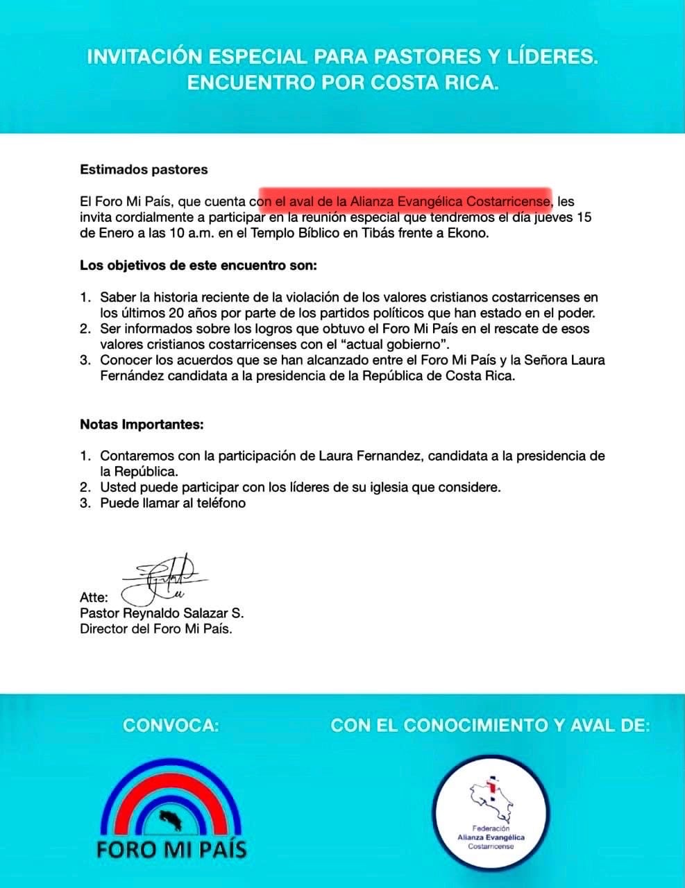 Invitación a pastores para reunión con la candidata Laura Fernández, del Partido Pueblo Soberano (PPSO).