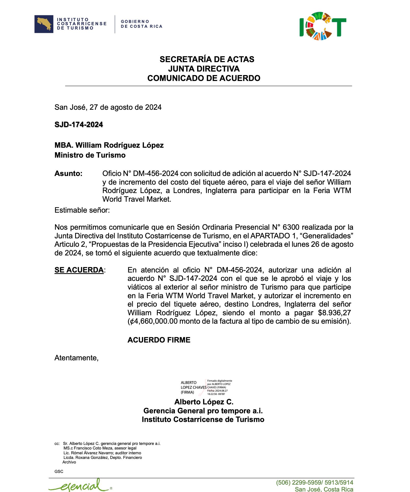 Oficio del gerente general del ICT al ministro William Rodríguez López, donde se confirma incremento de su tiquete a Londres. Fotografía: Oficio.