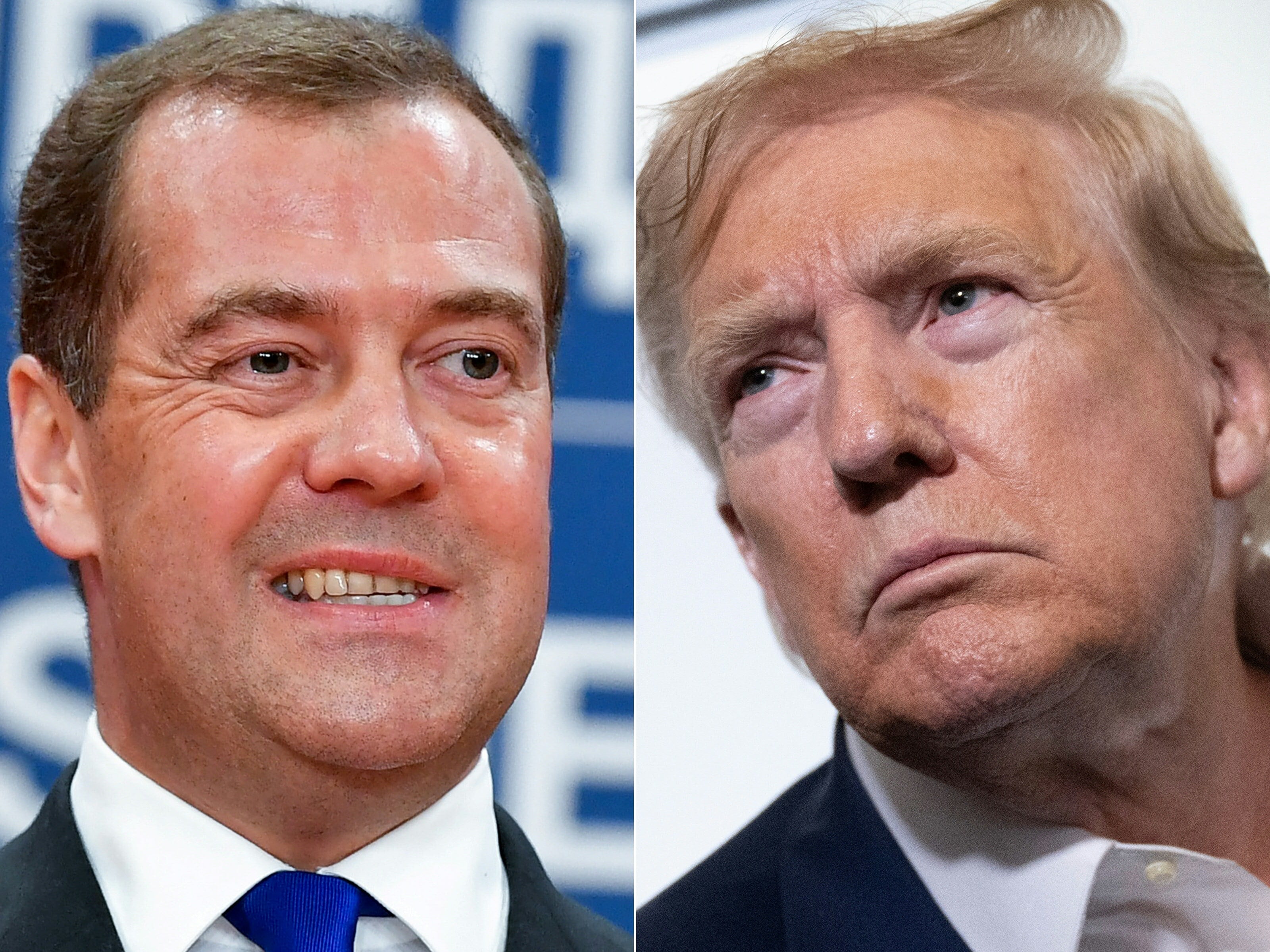 (COMBO) This combination of pictures created on August 01, 2025 shows, L/R, then Russian Prime Minister Dmitry Medvedev in Belgrade, on October 19, 2019 and US President Donald Trump aboard Air Force One on July 29, 2025, as he returns to Washington following a trip to Scotland. US President Donald Trump said on August 1, 2025, that he had ordered deployment of two nuclear submarines in response "highly provocative" comments by a senior Russian official. "Based on the highly provocative statements of the Former President of Russia, Dmitry Medvedev... I have ordered two Nuclear Submarines to be positioned in the appropriate regions, just in case these foolish and inflammatory statements are more than just that," Trump posted on his Truth Social platform. (Photo by Andrej ISAKOVIC and Brendan Smialowski / AFP)