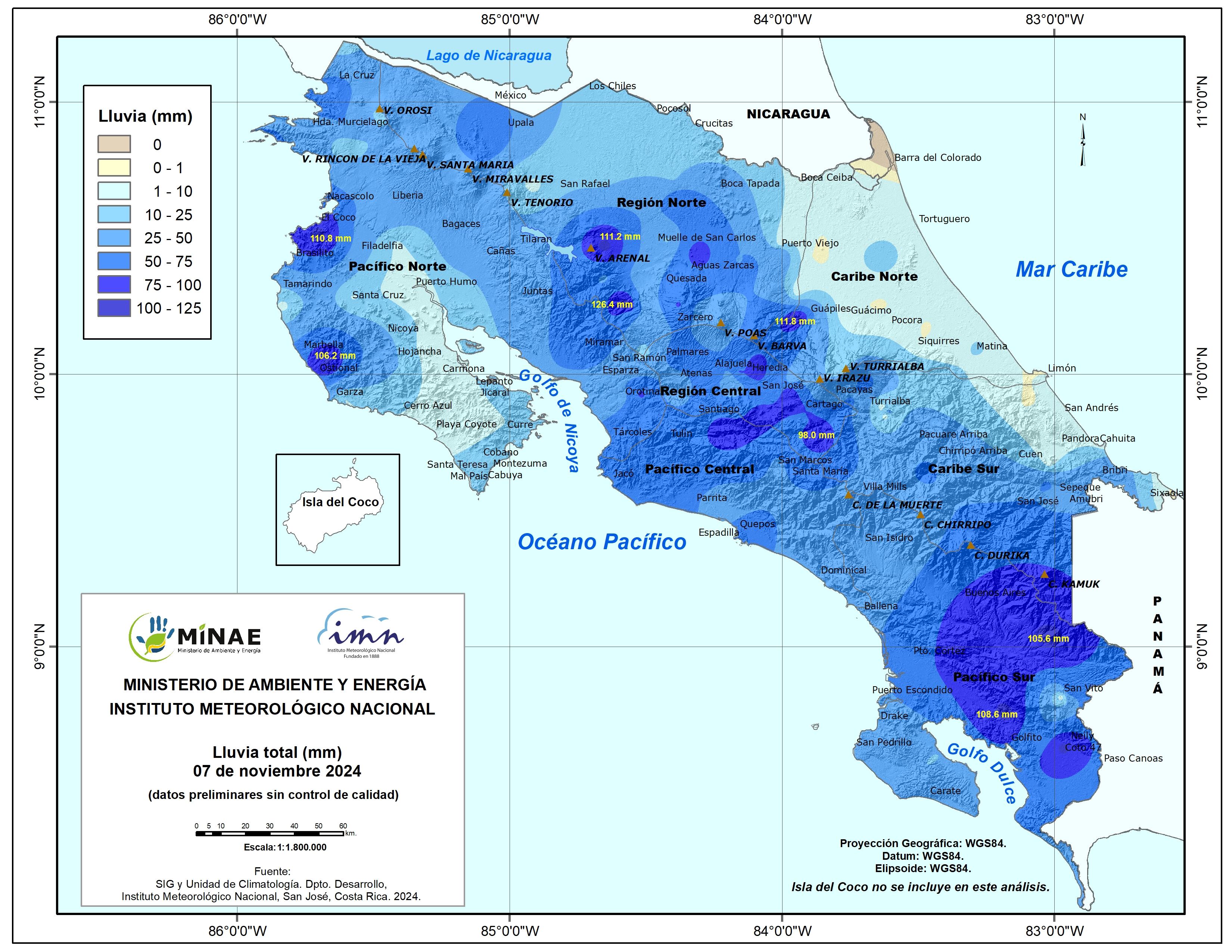 Este jueves las lluvias fueron en todo el país y alcanzaron montos superiores a 100 litros por metro cuadrado en siete estaciones, lo que tiene suelos saturados al máximo. Imagen: IMN