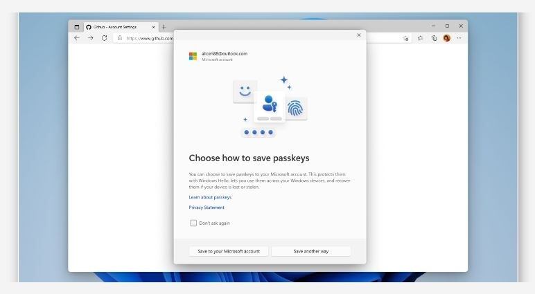 Captura de Windows 11 con la integración de claves de acceso de terceros, mostrando opciones de proveedores como 1Password y Bitwarden, respaldadas por el estándar WebAuthn de la Alianza FIDO.