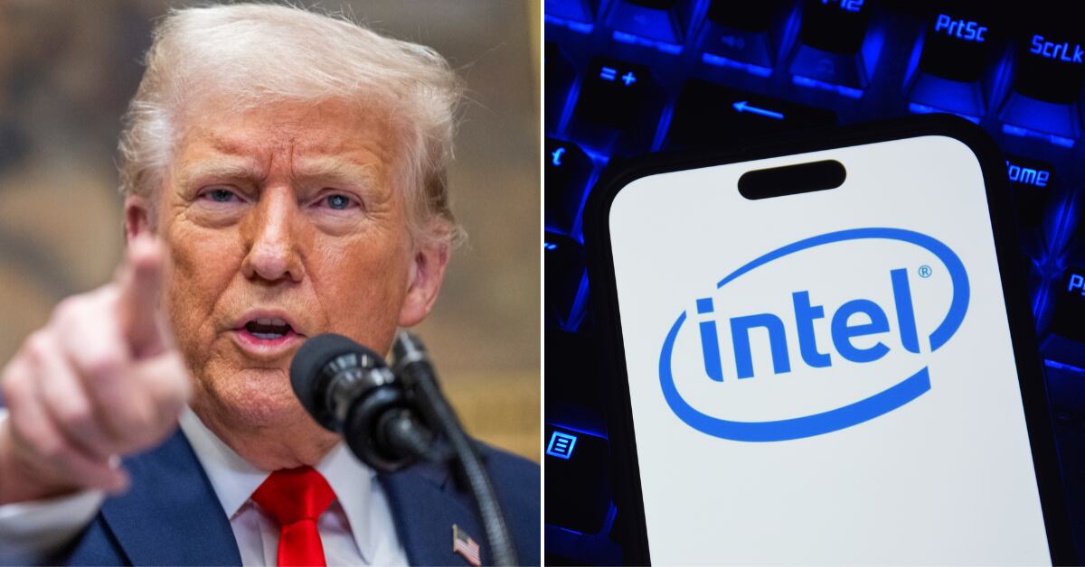 Donald Trump señalado con el dedo índice en una fotocomposición del logo de Intel.