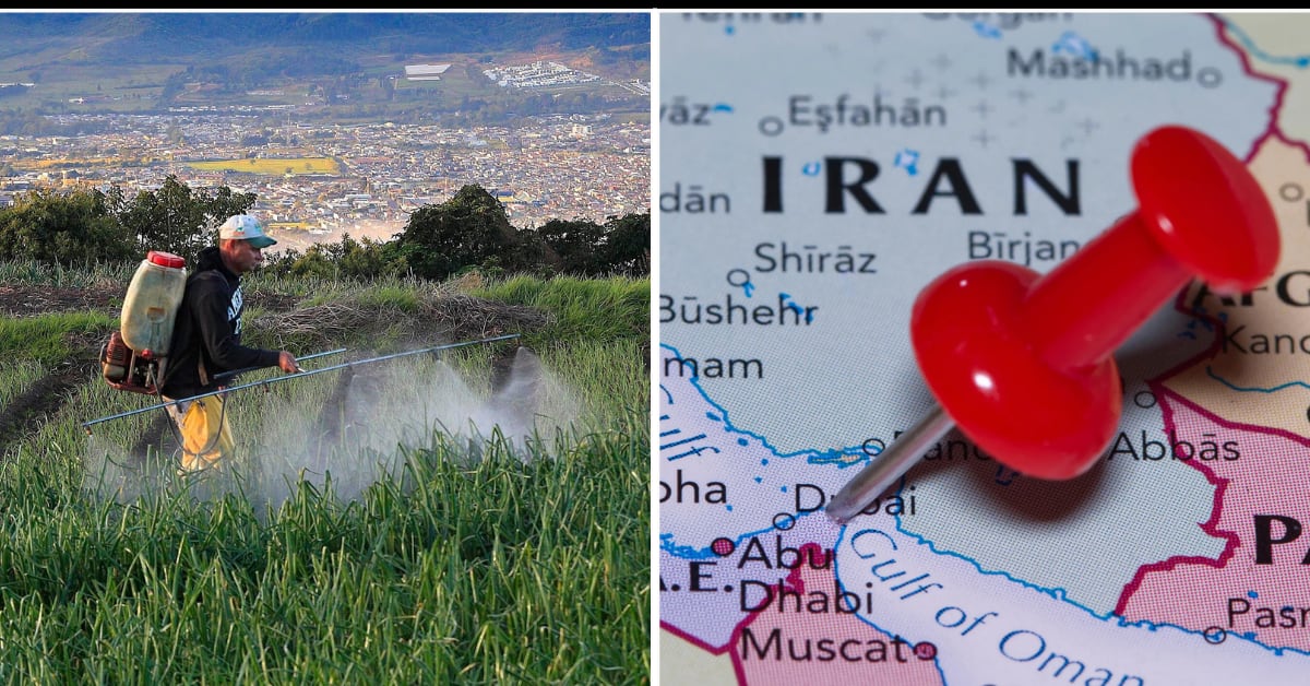Agricultor fumiga cultivo con fertilizantes en Costa Rica ante el aumento del precio de la urea por conflicto en Medio Oriente, reflejado también en mapa de Irán con marcador geopolítico