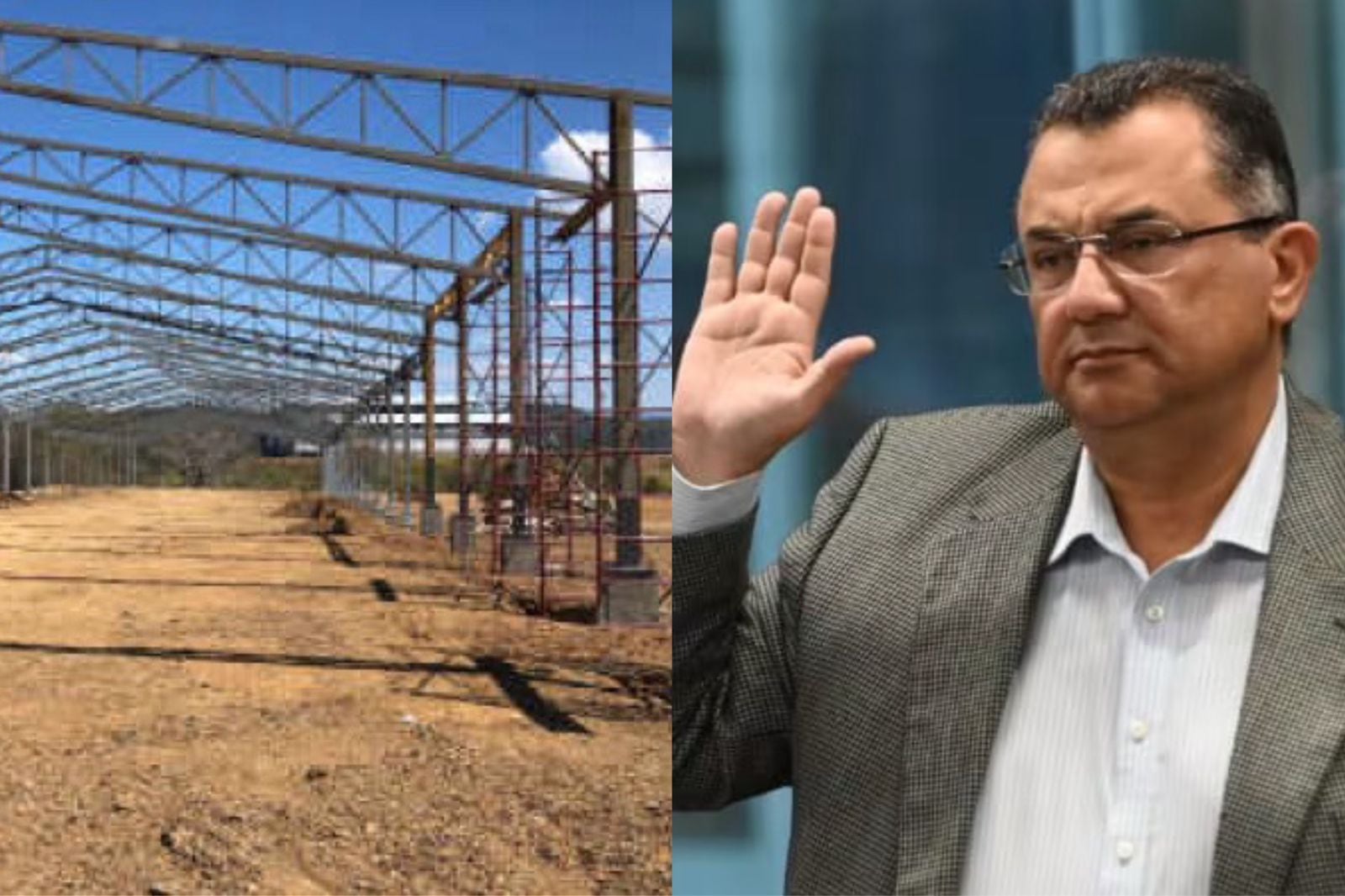 En la imagen se puede apreciar las bodegas sin terminar, sin techo, paredes ni piso . Al lado, el exdiputado del PUSC, Humberto Vargas