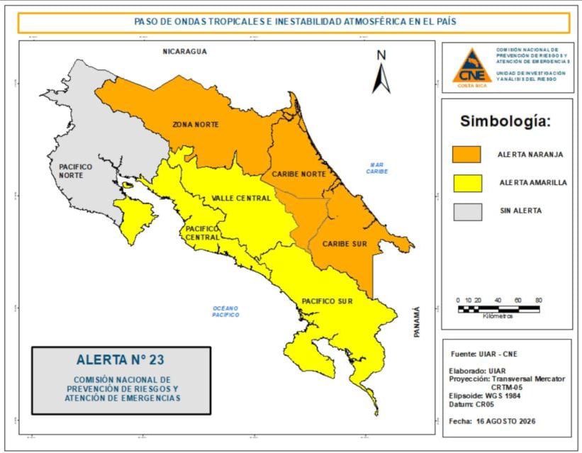 La CNE mantiene alerta naranja y amarilla en varias regiones de Costa Rica ante el paso de las ondas tropicales y el posible aumento de las lluvias.