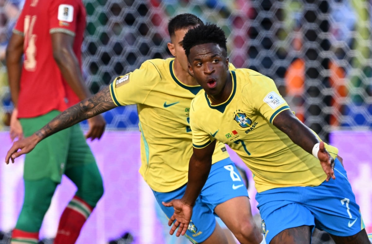 Vinícius Jr celebra su anotación en el partido entre Brasil y Marruecos en el Mundial 2026.