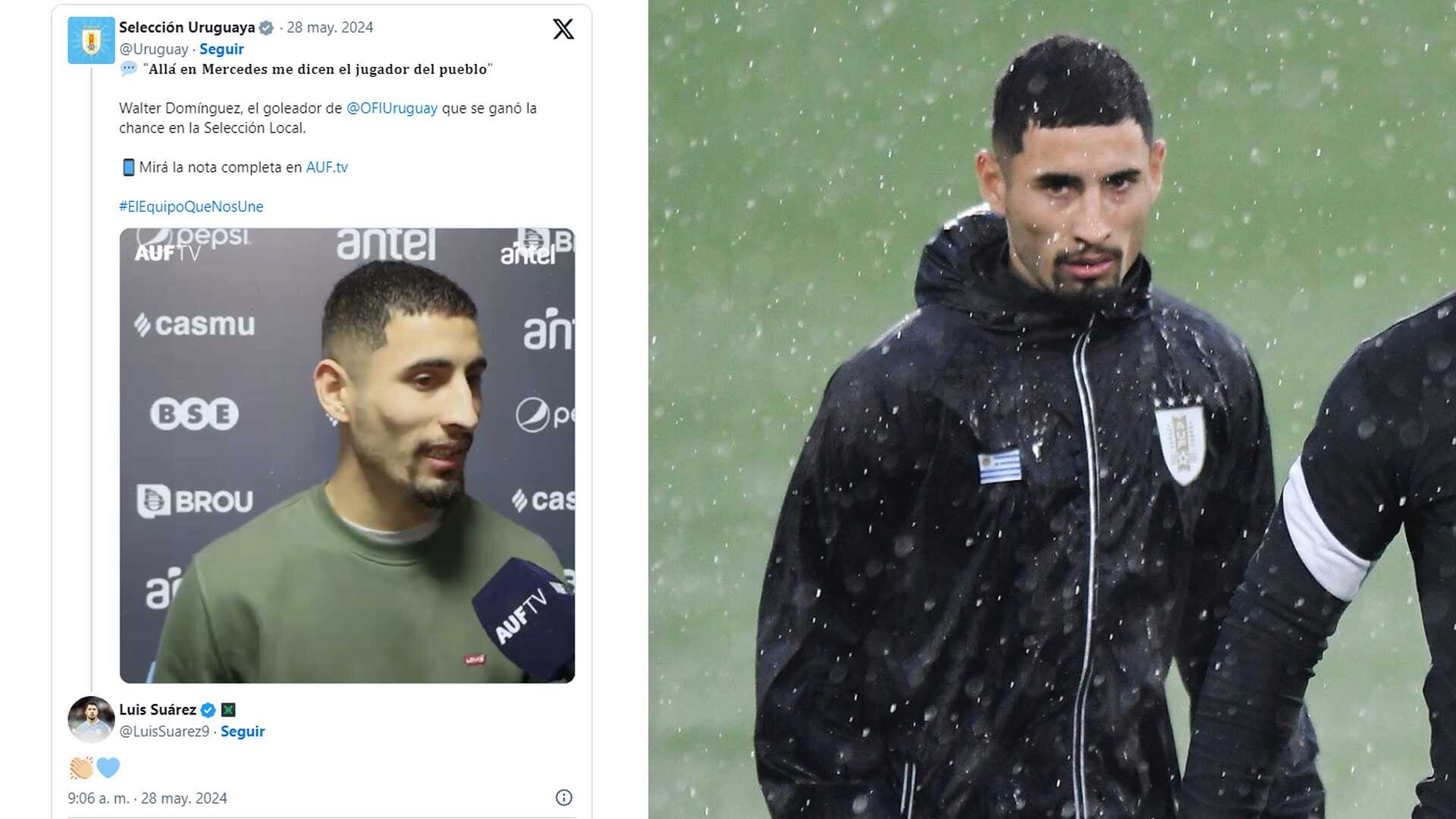 Walter Domínguez en pleno entrenamiento de la selección local de Uruguay, que practicó este lunes bajo lluvia y la felicitación de Luis Suárez.