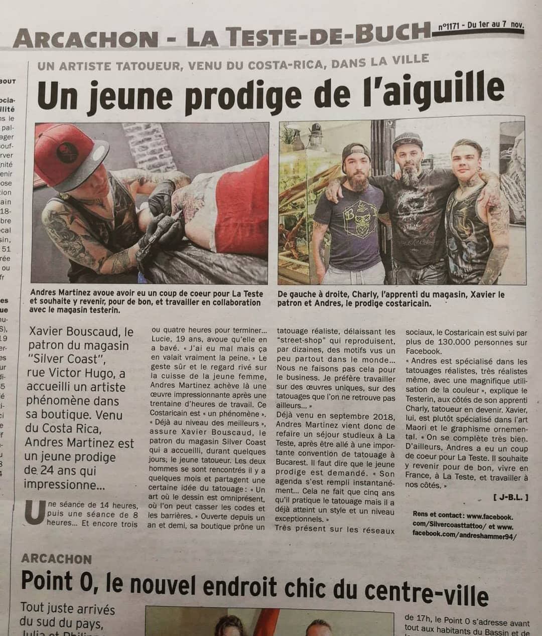 Andrés Martínez, de 30 años, ha ganado siete premios internacionales por su trabajo en tatuajes, incluyendo reconocimientos en Suiza, Alemania y Francia. En este último país le hicieron una nota en un periódico local.