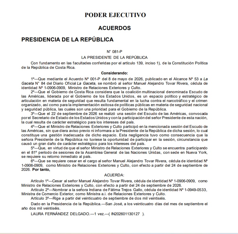 Alcance de La Gaceta en el que se publicó la destitución de Manuel Tovar.