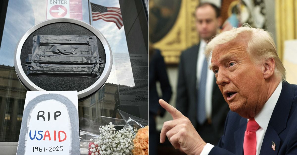 En la imagen la fachada de la agencia con un cartel que dice "RIP USAID", así como el presidente Donald Trump