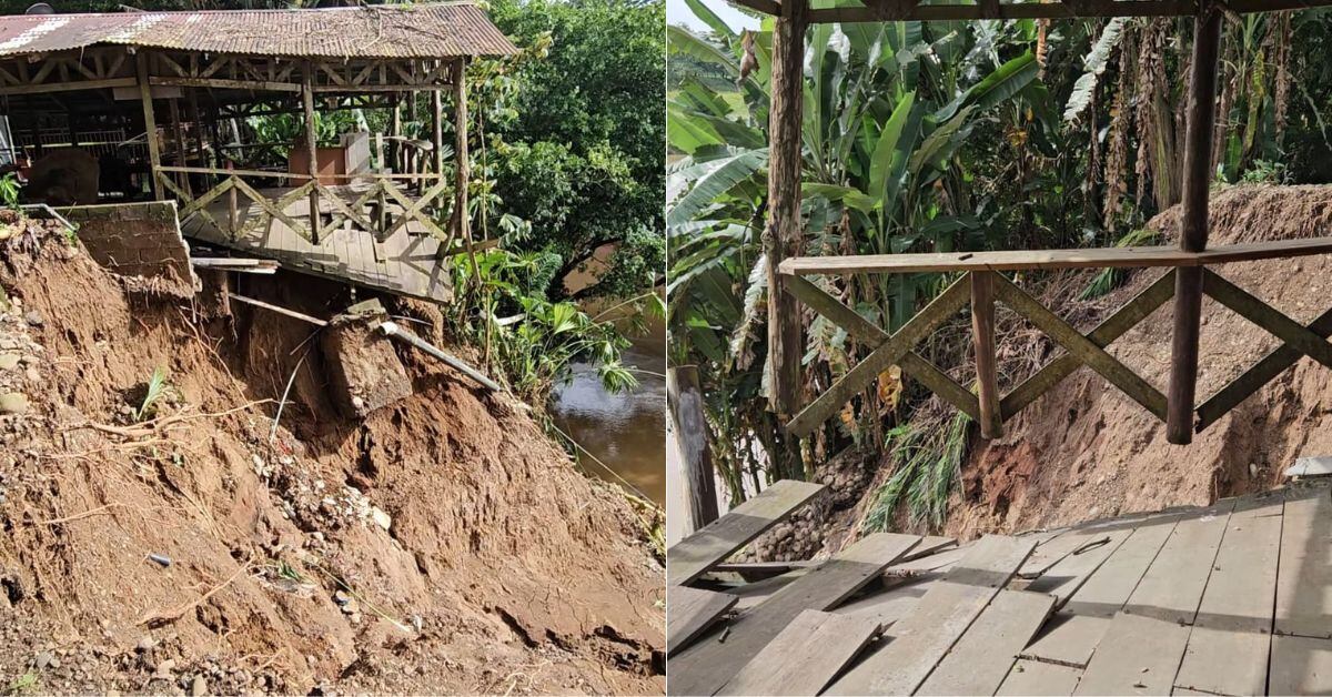 El bar El Higuerón, ubicado en Muelle de San Carlos, sufrió pérdidas materiales debido a la crecida del río. Una parte del local quedó suspendida por la erosión del terreno. (Foto: suministrada por Edgar Chinchilla, corresponsal GN)