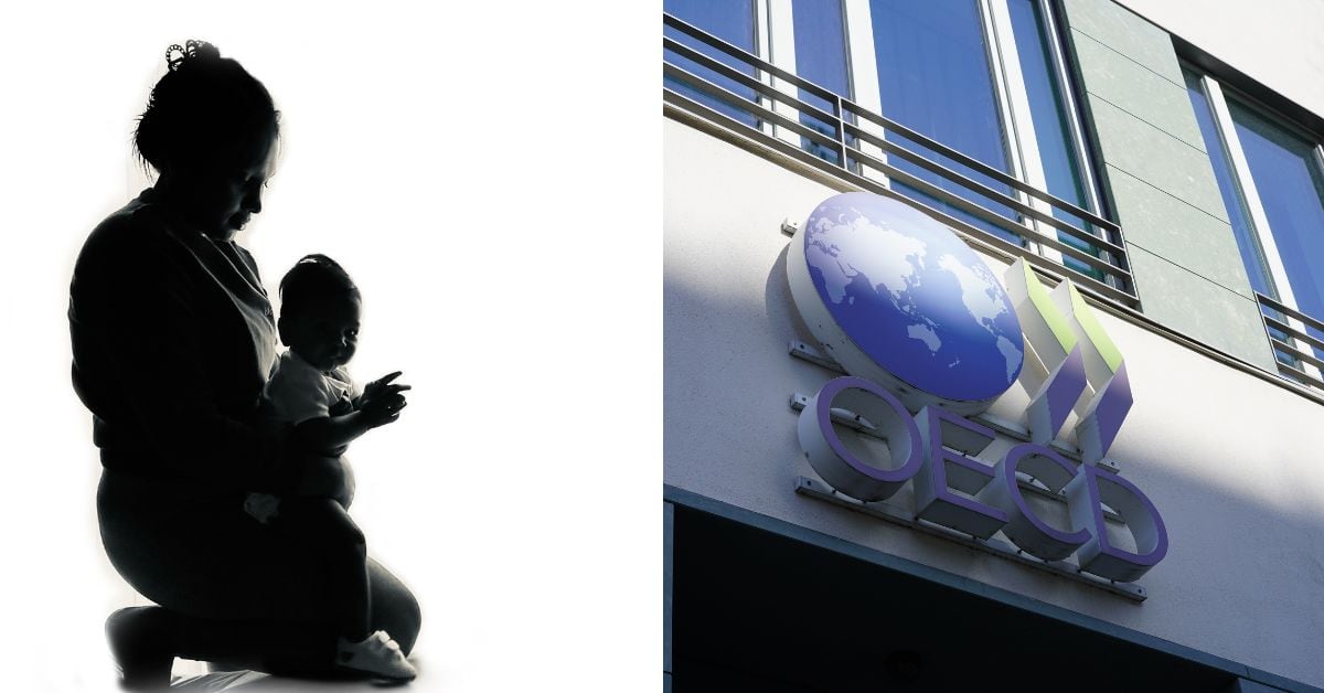 En la imagen la silueta de un mujer con un hijo y la fachada de la OCDE