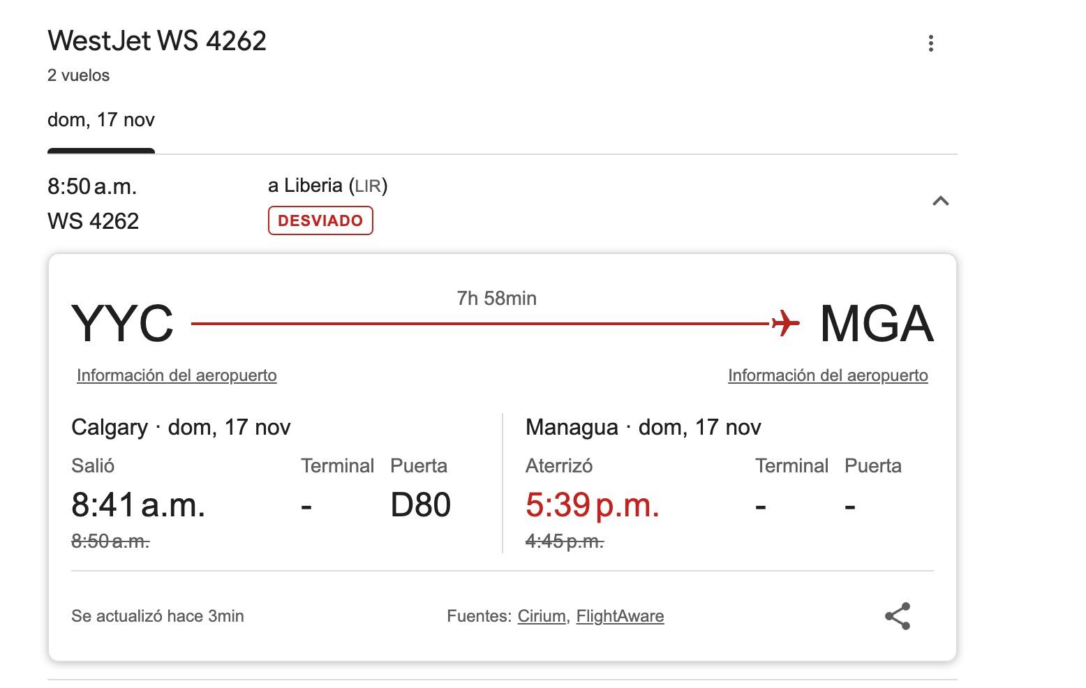 Detalle del vuelo de Calgary (Canadá) previsto con llegada a Liberia este domingo, que al final también debió aterrizar en Managua. Fotografía: Cortesía.