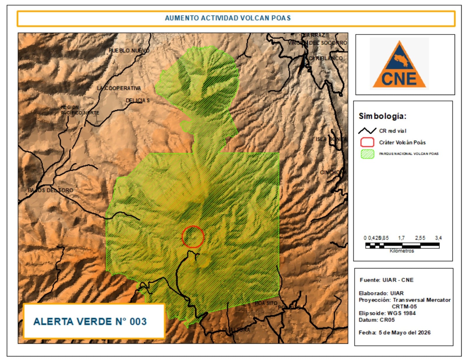 CNE declaró alerta verde en el volcán Poás.