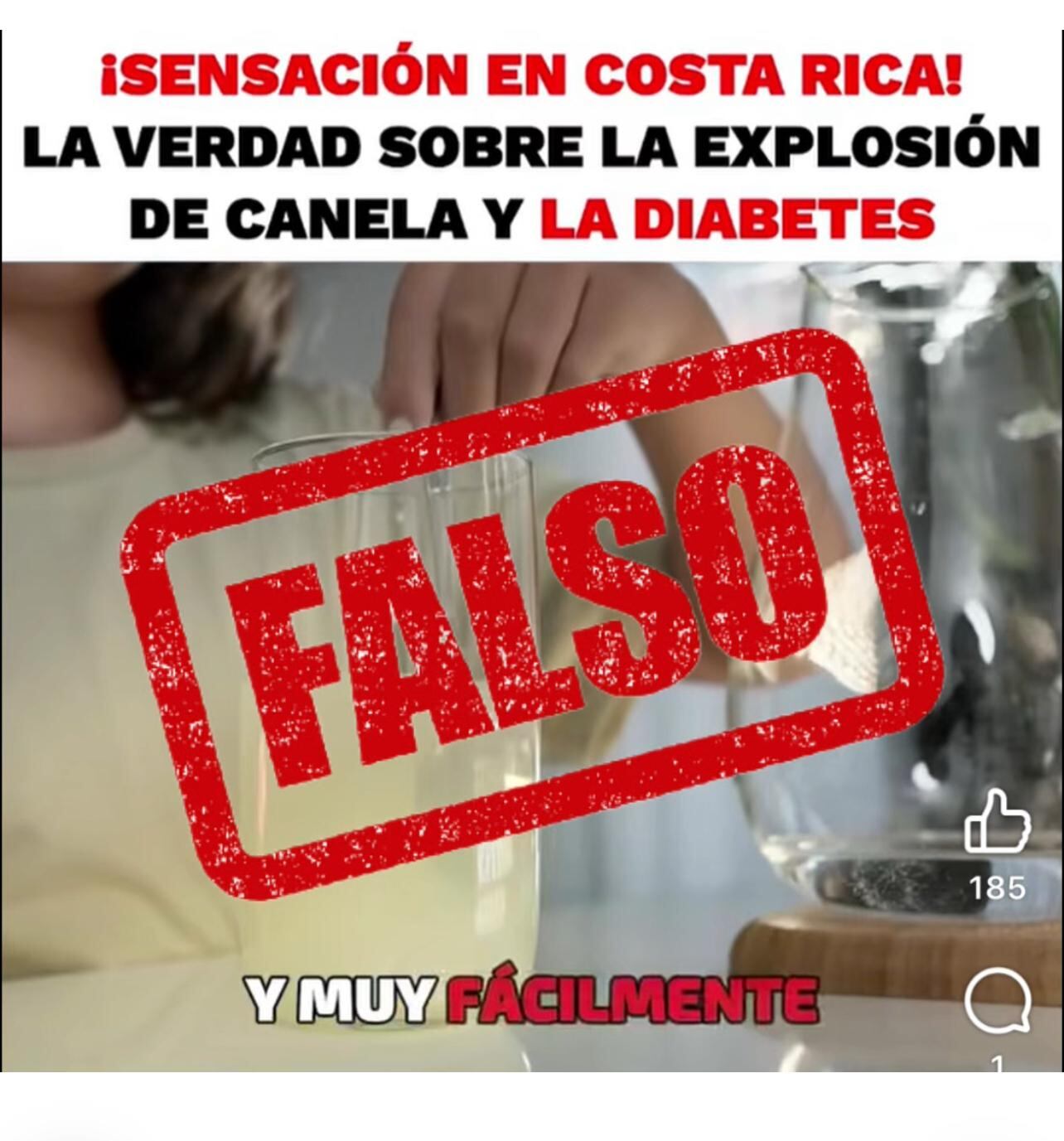 Captura de pantalla de un video sobre la explosión de canela para tratar la diabetes tiene un sello que dice FALSO al frente.