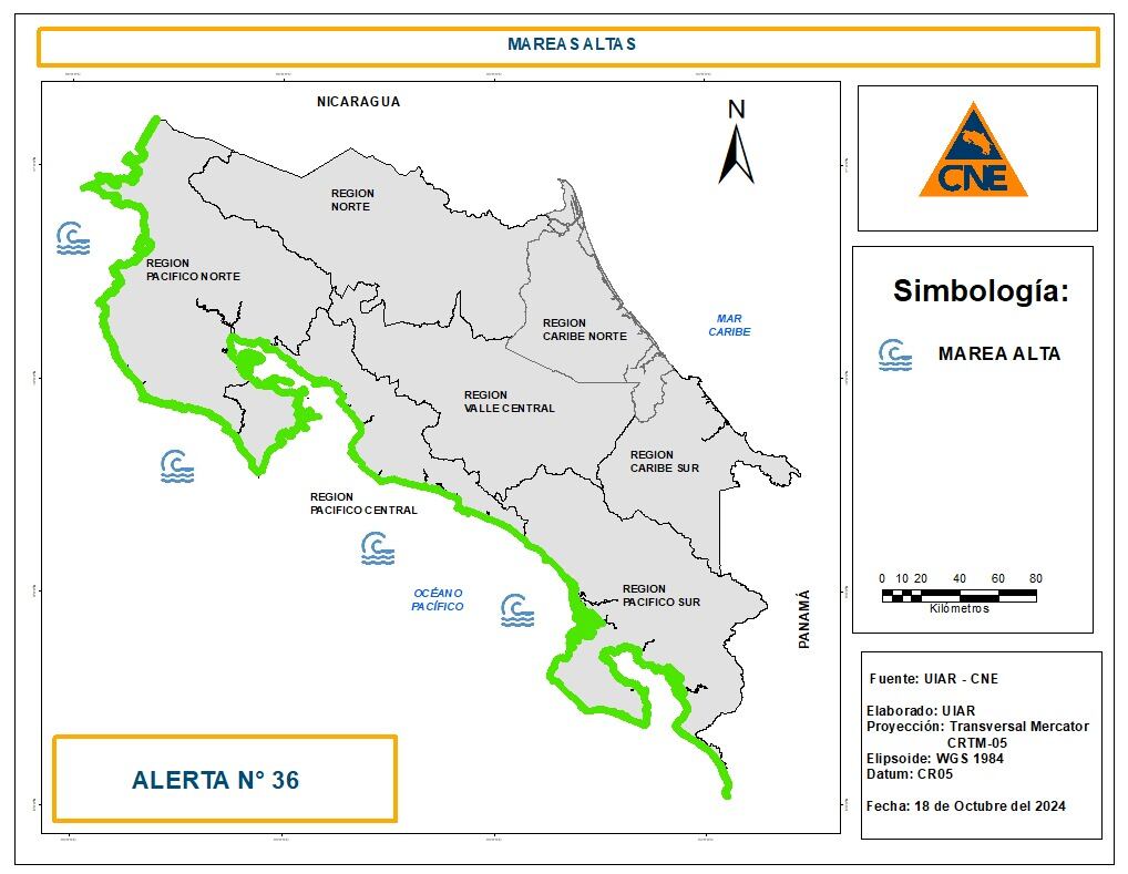 La CNE decretó alerta verde en la vertiente del Pacífico por la presencia de mareas altas desde este viernes y hasta inicios de la próxima semana. (Foto: cortesía CNE)